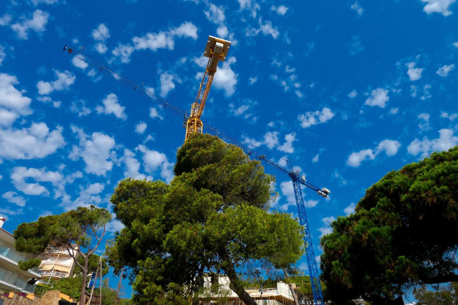 grúas trabajando en un sitio de construcción bajo el cielo azul foto