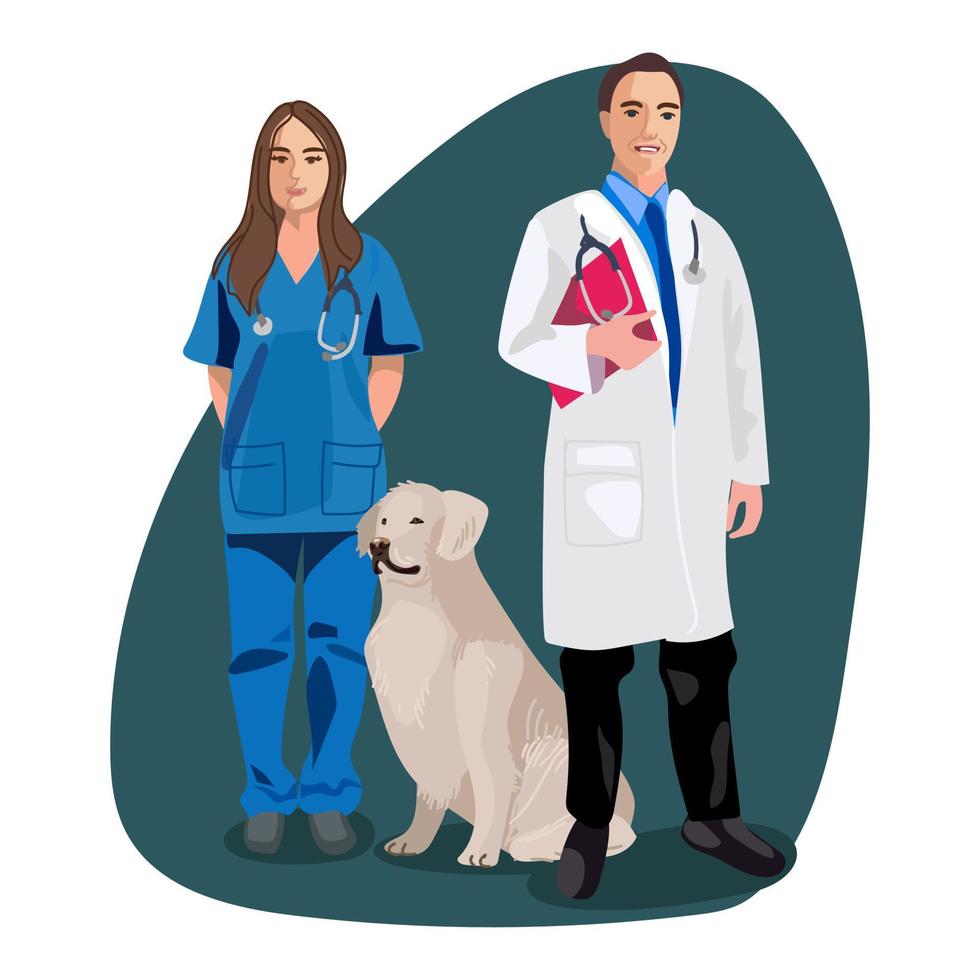 personal médico de la clínica veterinaria. un médico veterinario con un asistente y un perro. médico veterinario, enfermera y paciente. imprimir un volante, pancarta, información. vector