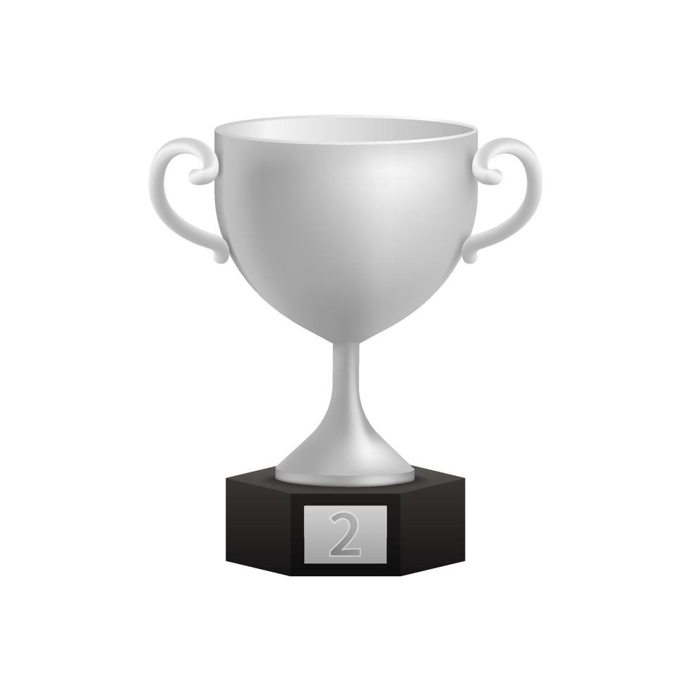 Silver cup 3d winner award 2nd place minimal, silver winners stars on podium. Champion award ceremony concept in cartoon style. 3d trophy vector render isolated on white background. Game or education.