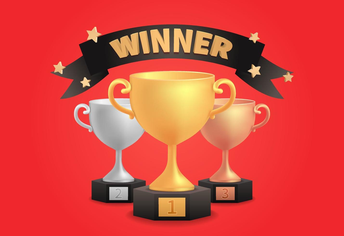 Champion award ceremony concept in cartoon style. Gold silver bronze trophy cups. Game black ribbon winner prize, racing sport trophies, ranking places goblet prize icons vector illustration on red.