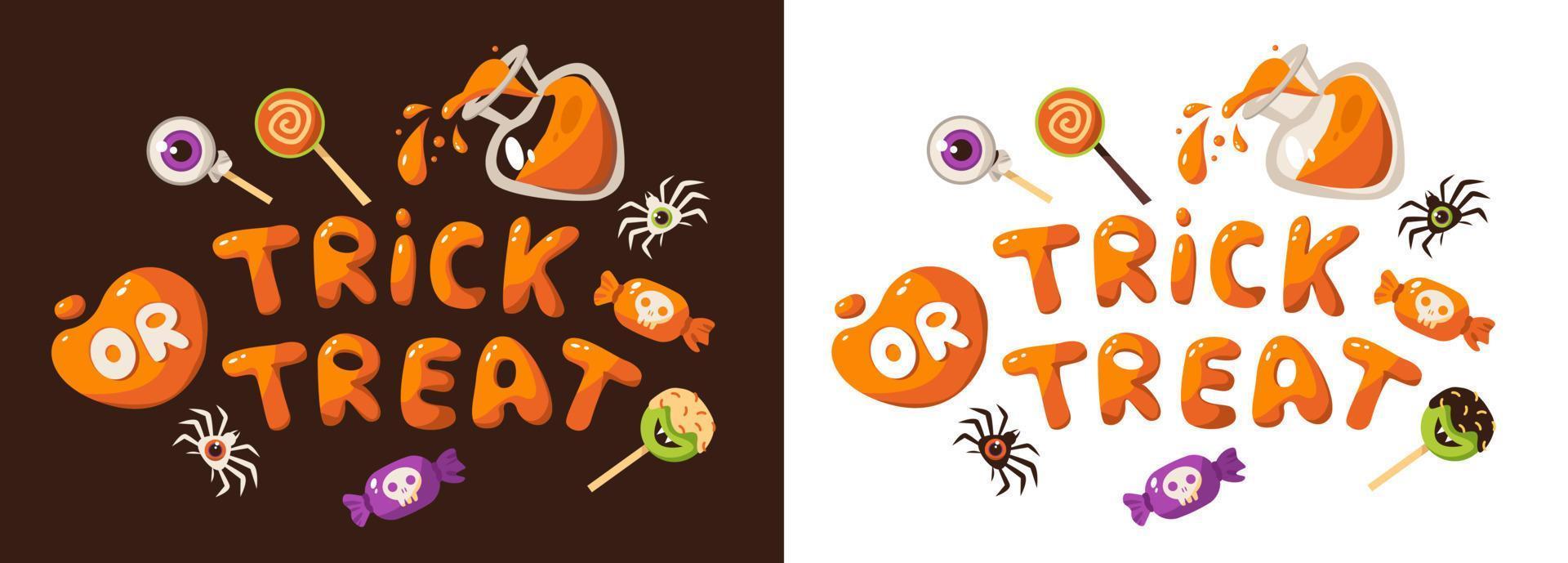 Trick or treat text. Halloween banner or party invitation background. Sweets, spiders and potions. Vector illustration