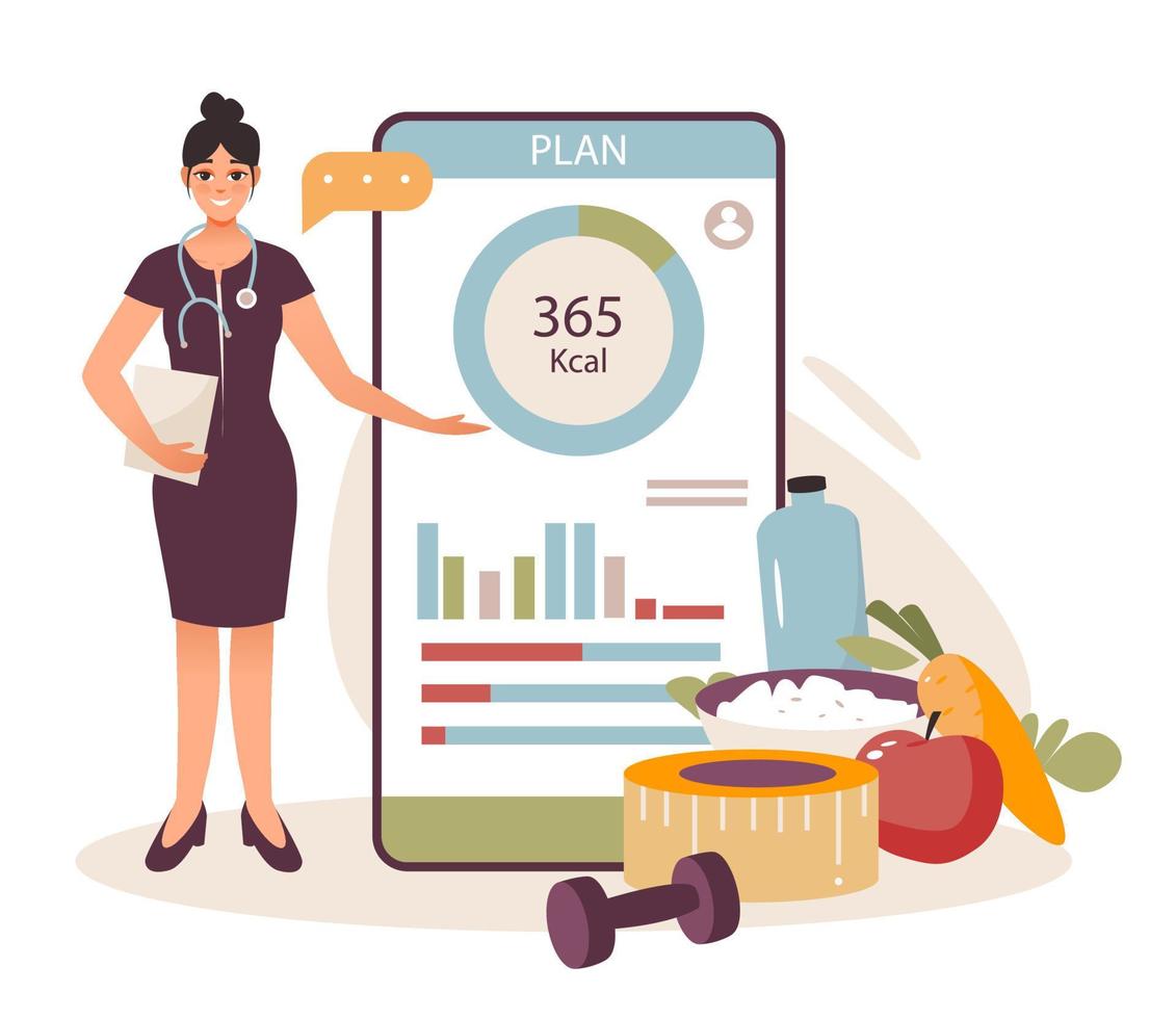 Nutritionist. A mobile application with health monitoring. Weight loss program and diet plan. Diet therapy with healthy food and physical activity. Flat vector illustration