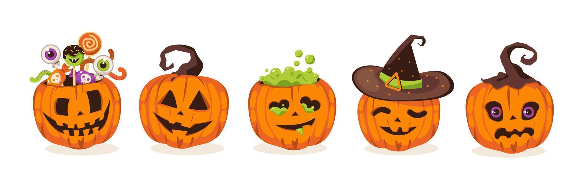 Pumpkin set for Halloween. Orange pumpkins with a scary smile of joy carved, with sweets and in a witch's hat. Cartoon vector illustration