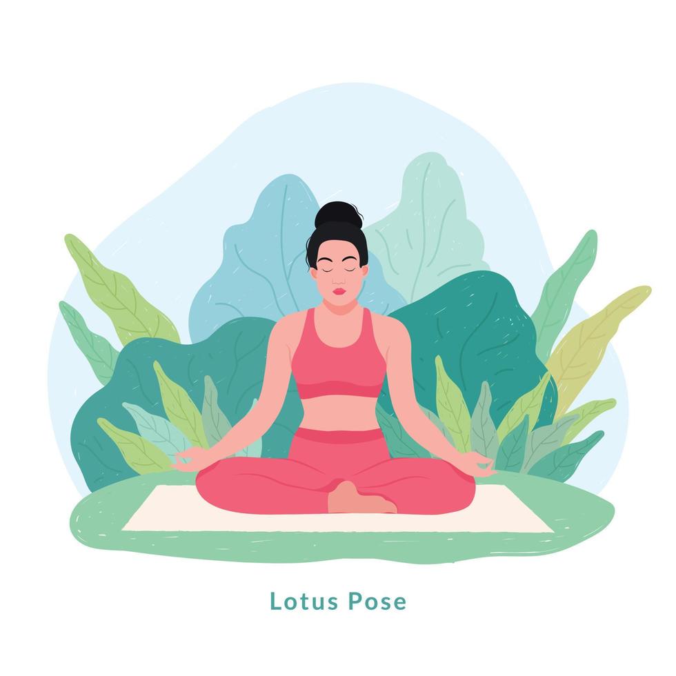 postura de yoga de loto. mujer joven mujer haciendo yoga para la celebración del día del yoga. vector