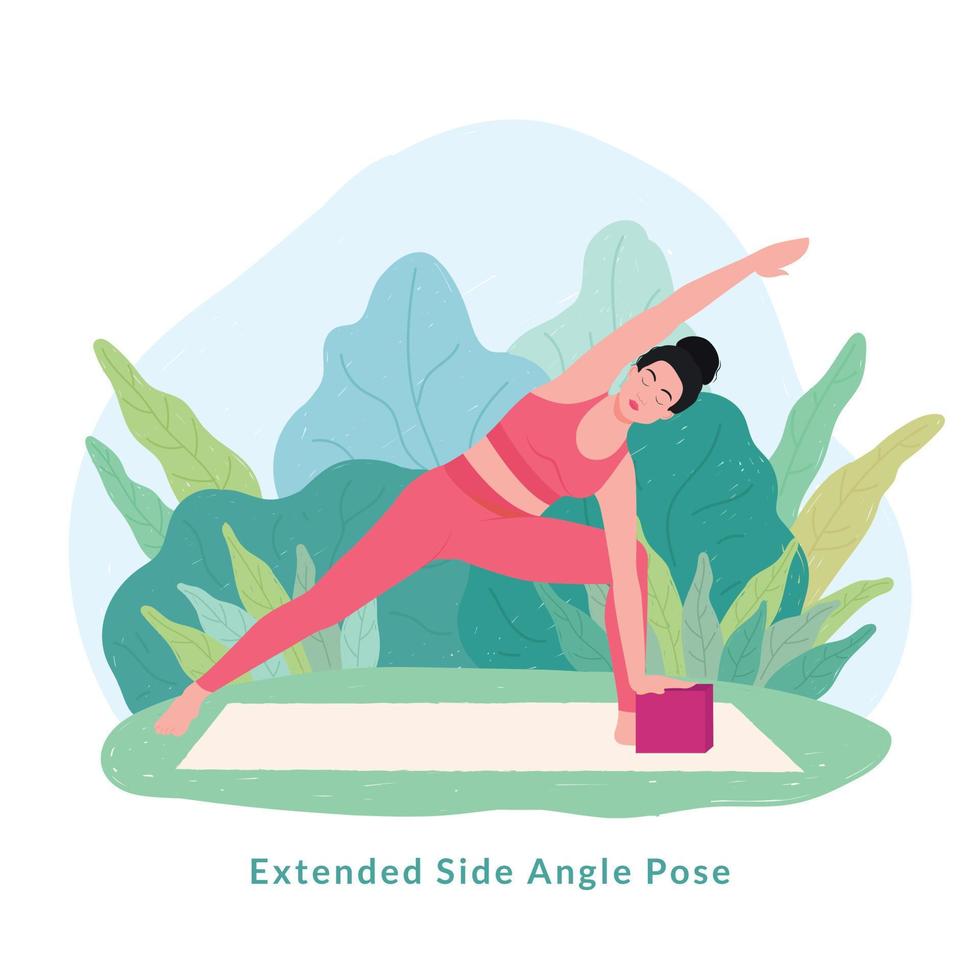 Postura de yoga de ángulo lateral extendido. mujer joven mujer haciendo yoga para la celebración del día del yoga. vector