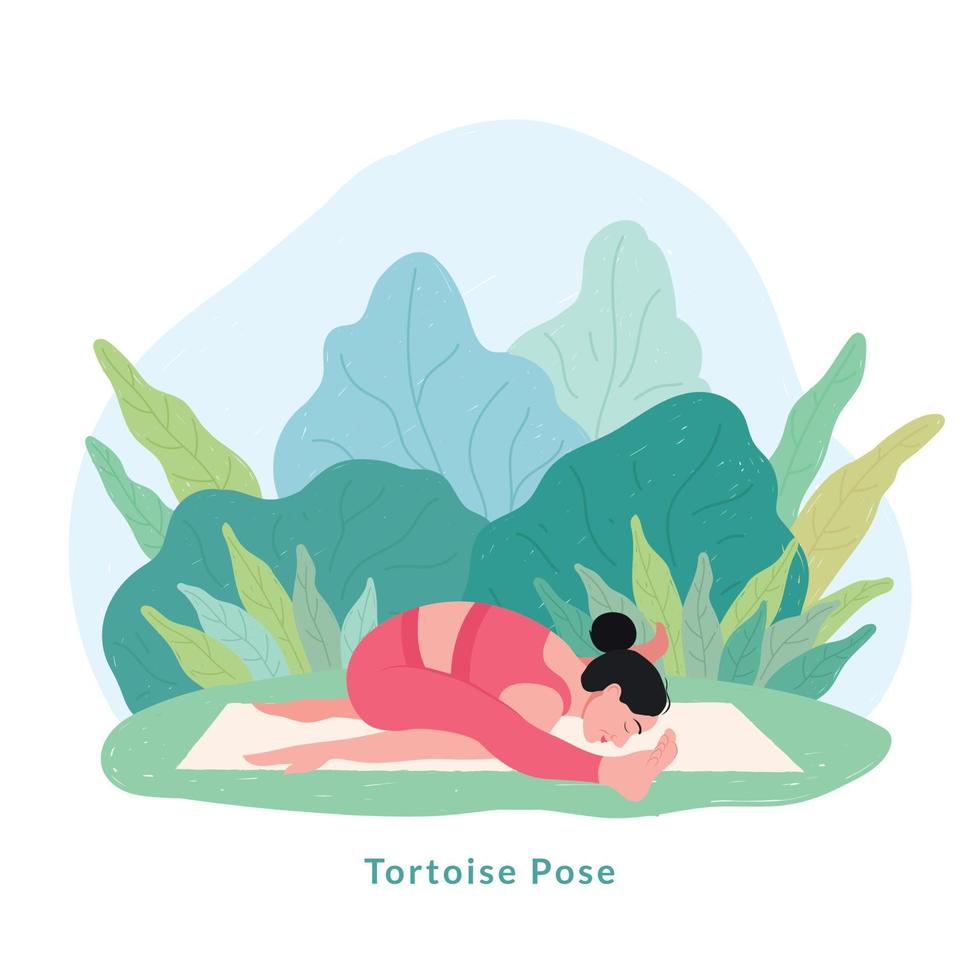 postura de yoga de tortuga. mujer joven mujer haciendo yoga para la celebración del día del yoga. vector