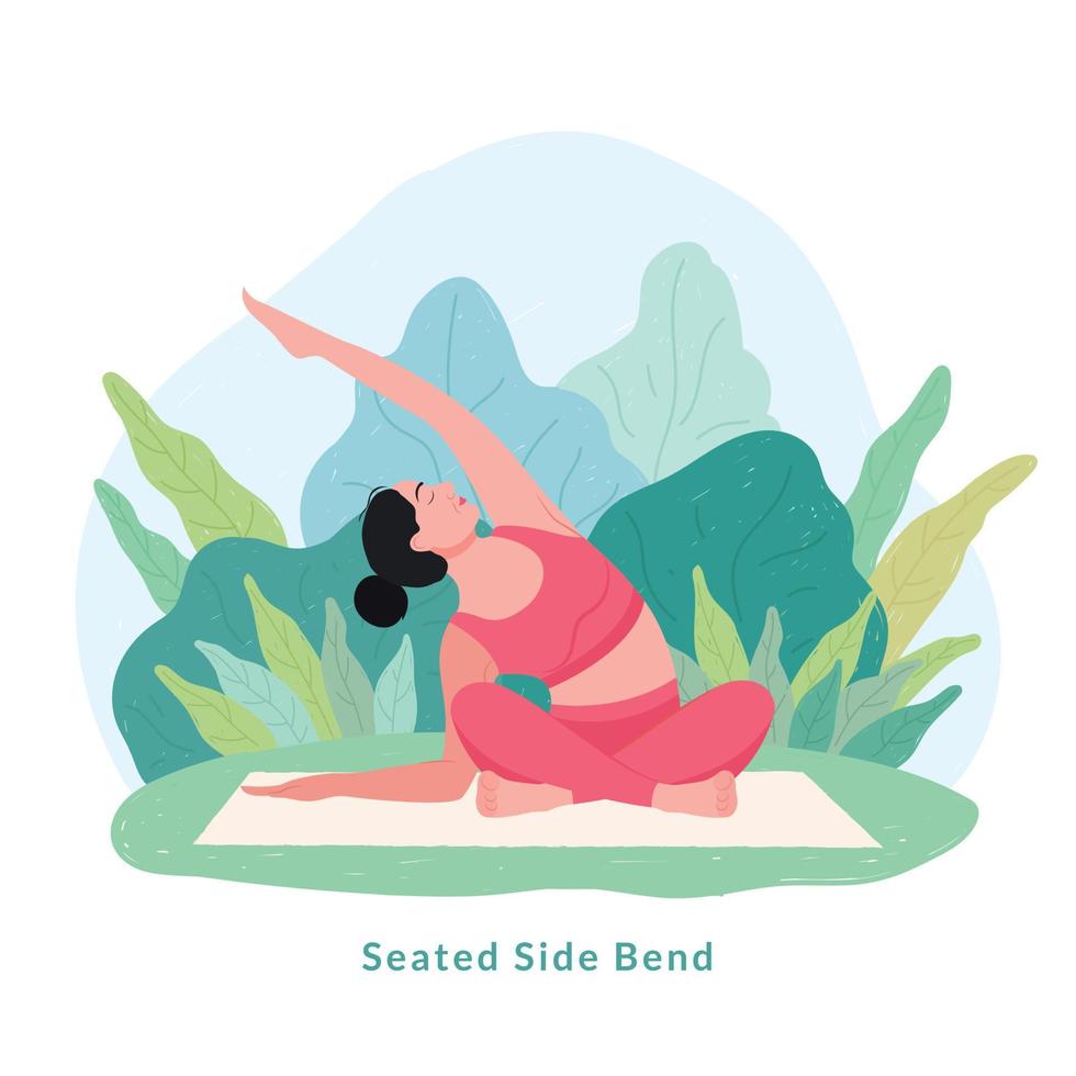 Postura de yoga de inclinación lateral sentada. mujer joven mujer haciendo yoga para la celebración del día del yoga. vector