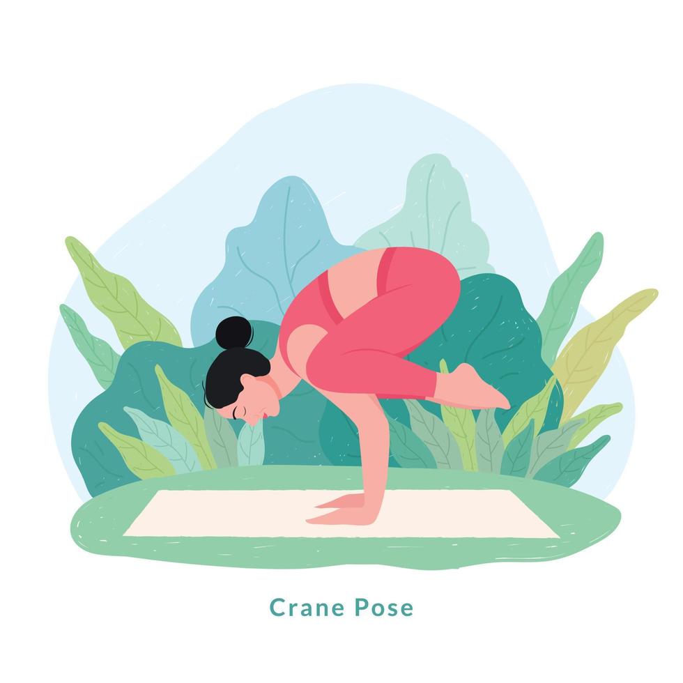 postura de yoga de la grúa. mujer joven mujer haciendo yoga para la celebración del día del yoga. vector