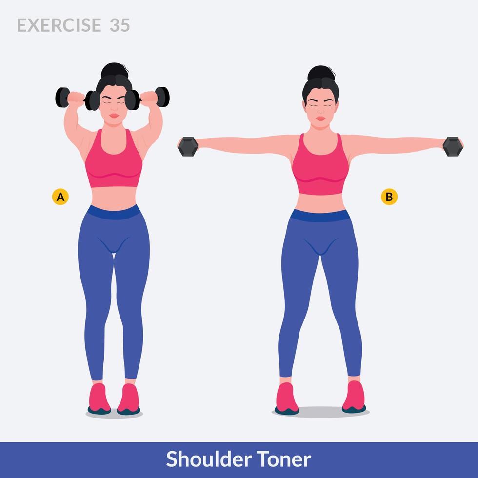 ejercicio de tóner de hombro, fitness de entrenamiento de mujer, aeróbico y ejercicios. vector