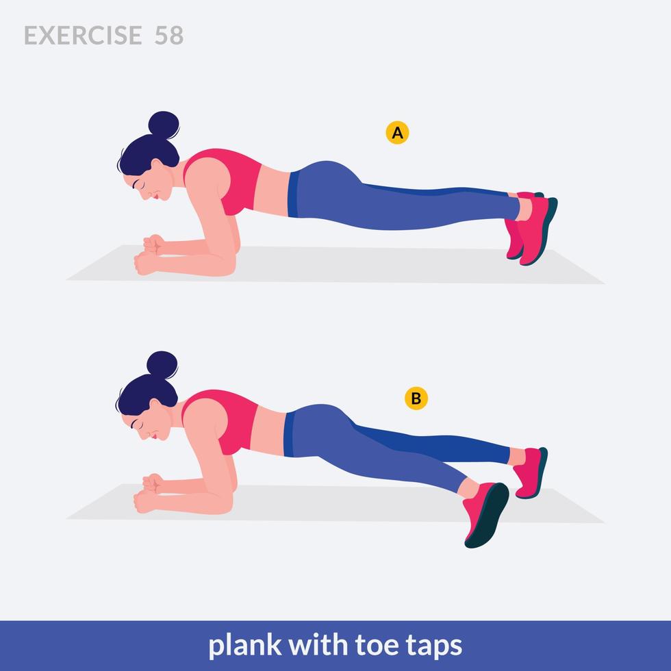 tablón con ejercicio de toques de dedo del pie, fitness de entrenamiento de mujer, aeróbic y ejercicios. vector