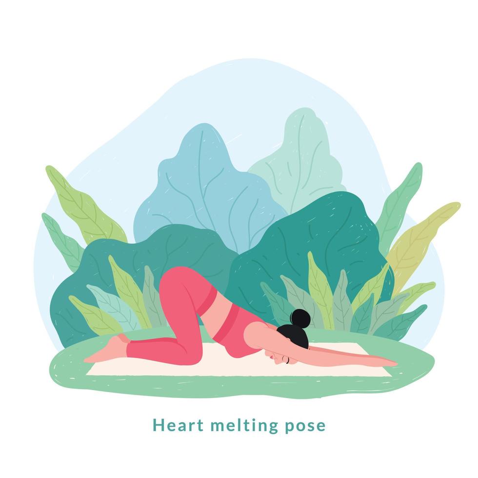 pose de yoga que derrite el corazón. mujer joven mujer haciendo yoga para la celebración del día del yoga. vector