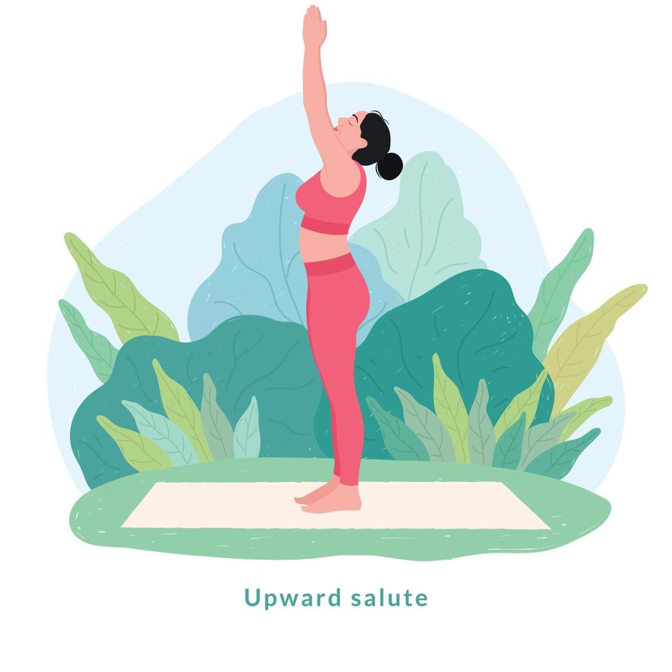 postura de yoga de saludo hacia arriba. mujer joven mujer haciendo yoga para la celebración del día del yoga. vector