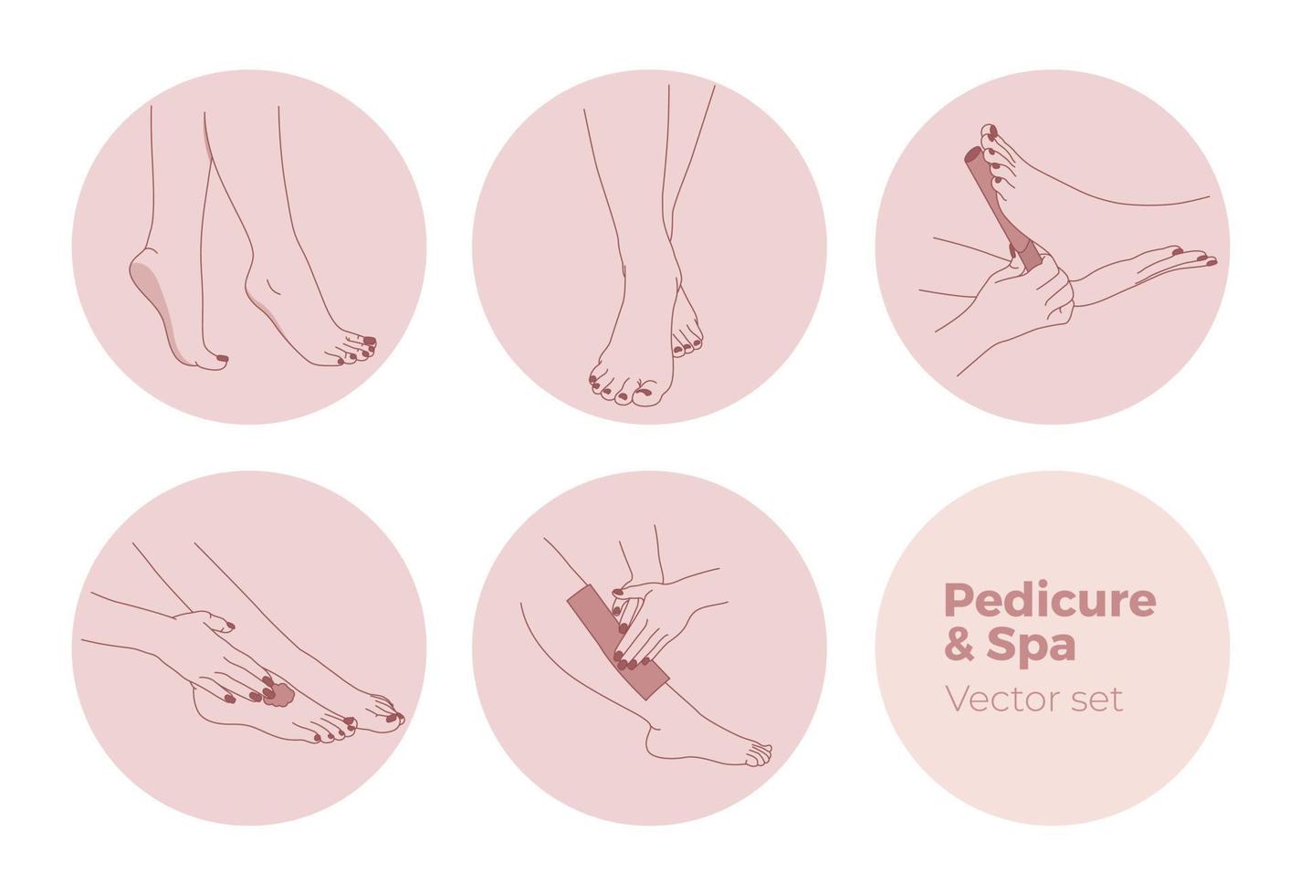 Pedicure design elements set. Female feet spa, salon, beauty and fashion icons. vector