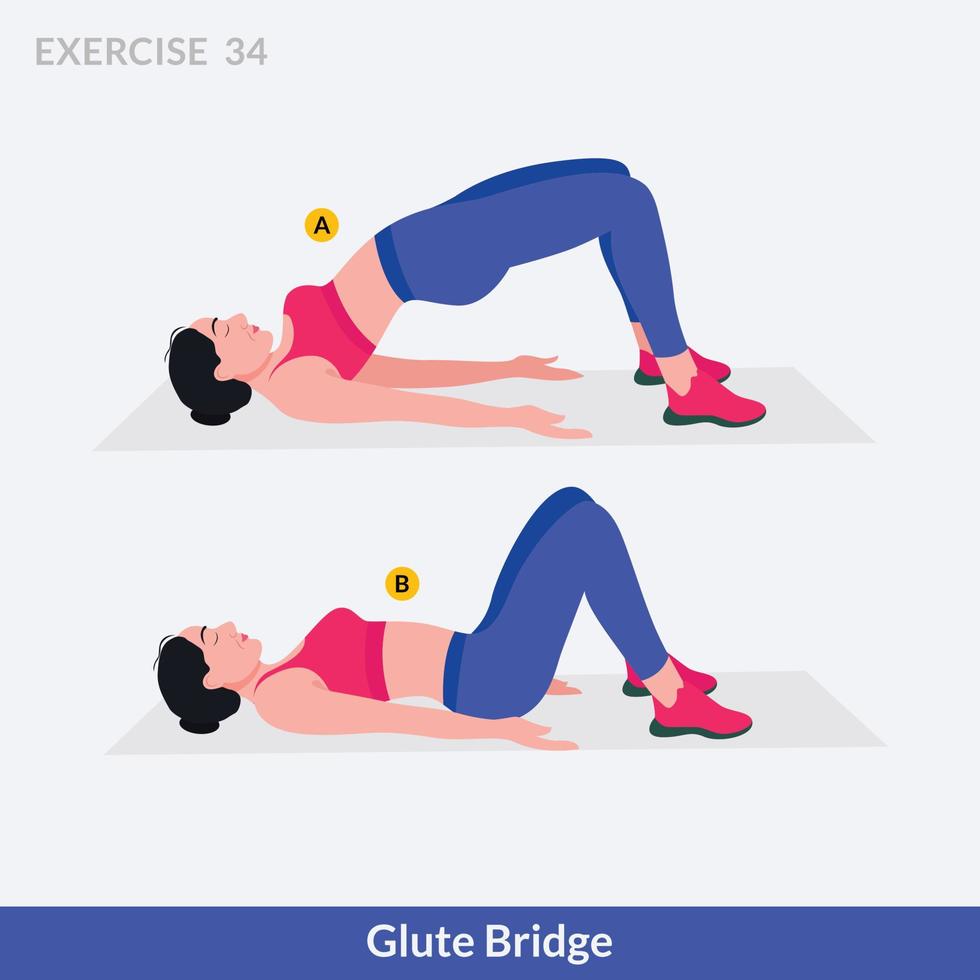 ejercicio de puente de glúteos, fitness de entrenamiento de mujeres, aeróbicos y ejercicios. vector