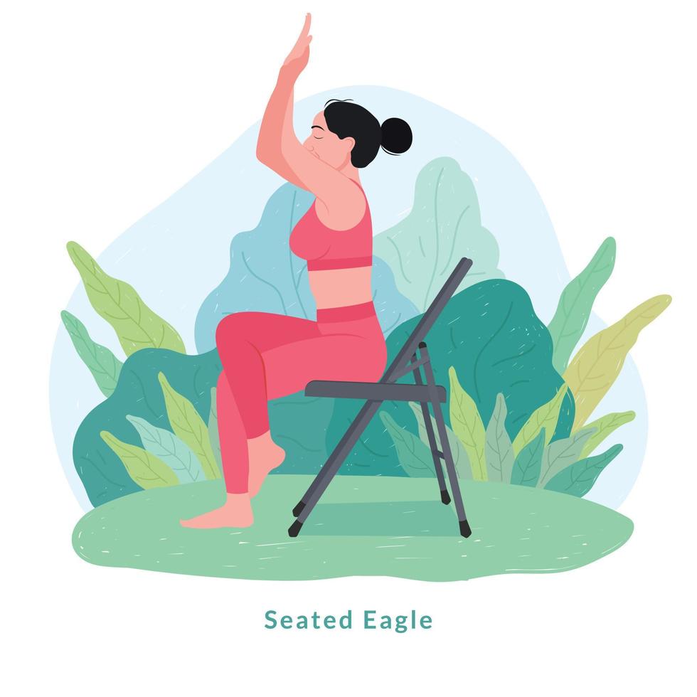 postura de yoga del águila sentada. mujer joven mujer haciendo yoga para la celebración del día del yoga. vector