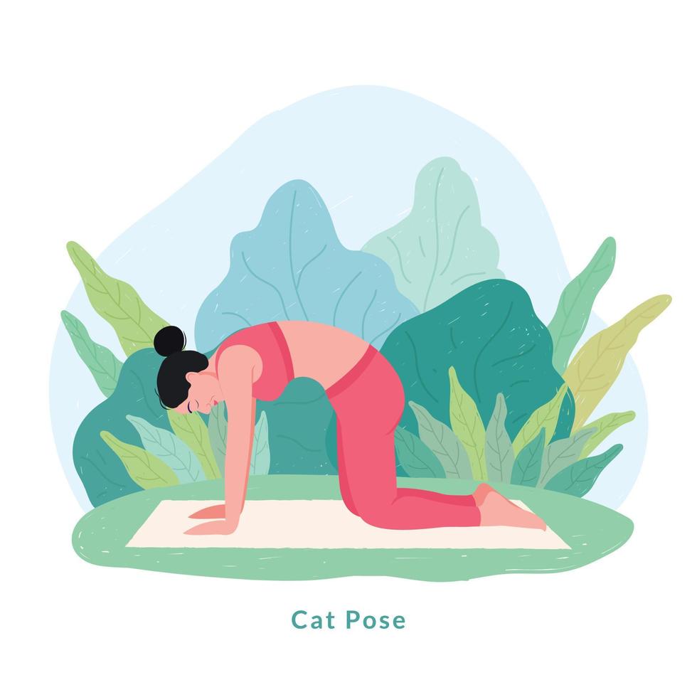 pose de yoga gato. mujer joven mujer haciendo yoga para la celebración del día del yoga. vector