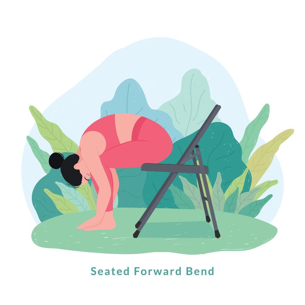 Postura de yoga inclinada hacia adelante sentada. mujer joven mujer haciendo yoga para la celebración del día del yoga. vector