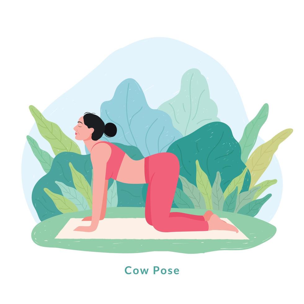 postura de yoga de vaca. mujer joven mujer haciendo yoga para la celebración del día del yoga. vector