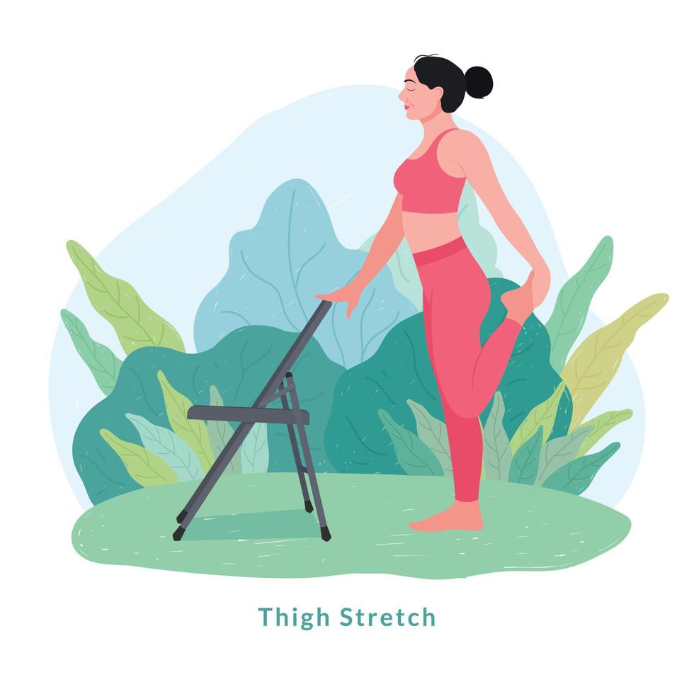 Thigh Stretch Yoga pose. Young woman woman doing yoga for Yoga Day Celebration. vector