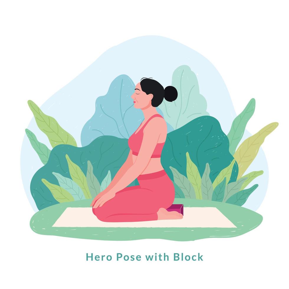 héroe con pose de yoga en bloque. mujer joven mujer haciendo yoga para la celebración del día del yoga. vector