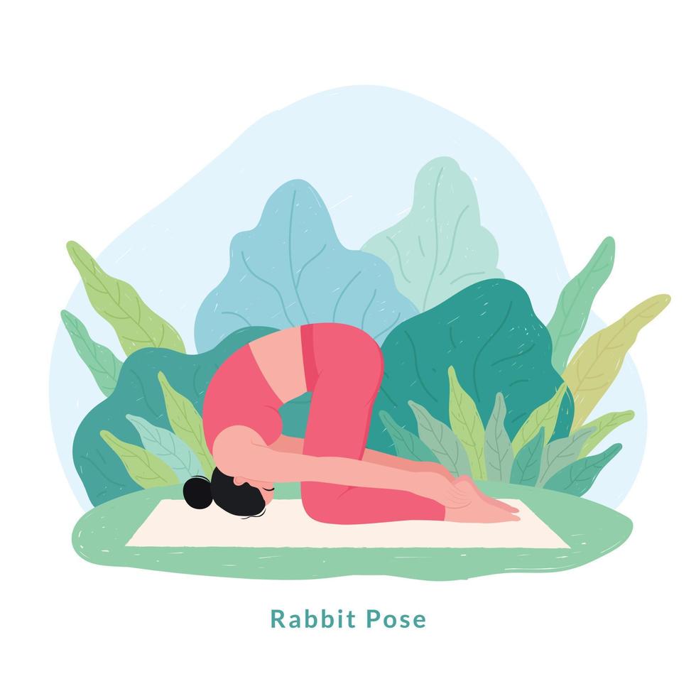 pose de yoga de conejo. mujer joven mujer haciendo yoga para la celebración del día del yoga. vector