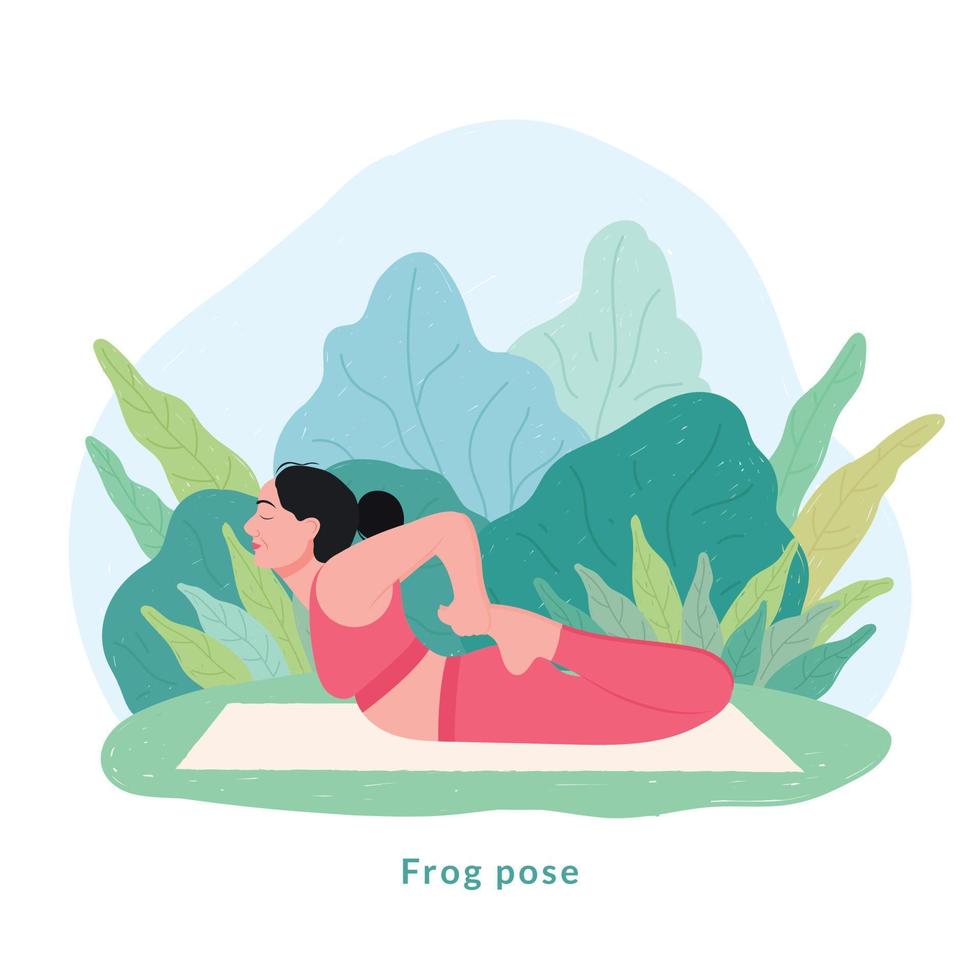 pose de yoga de rana. mujer joven mujer haciendo yoga para la celebración del día del yoga. vector