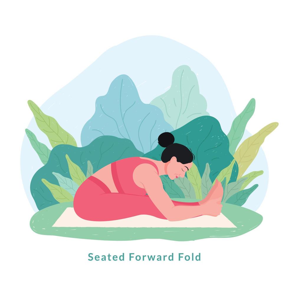 Postura de yoga plegada hacia adelante sentada. mujer joven mujer haciendo yoga para la celebración del día del yoga. vector