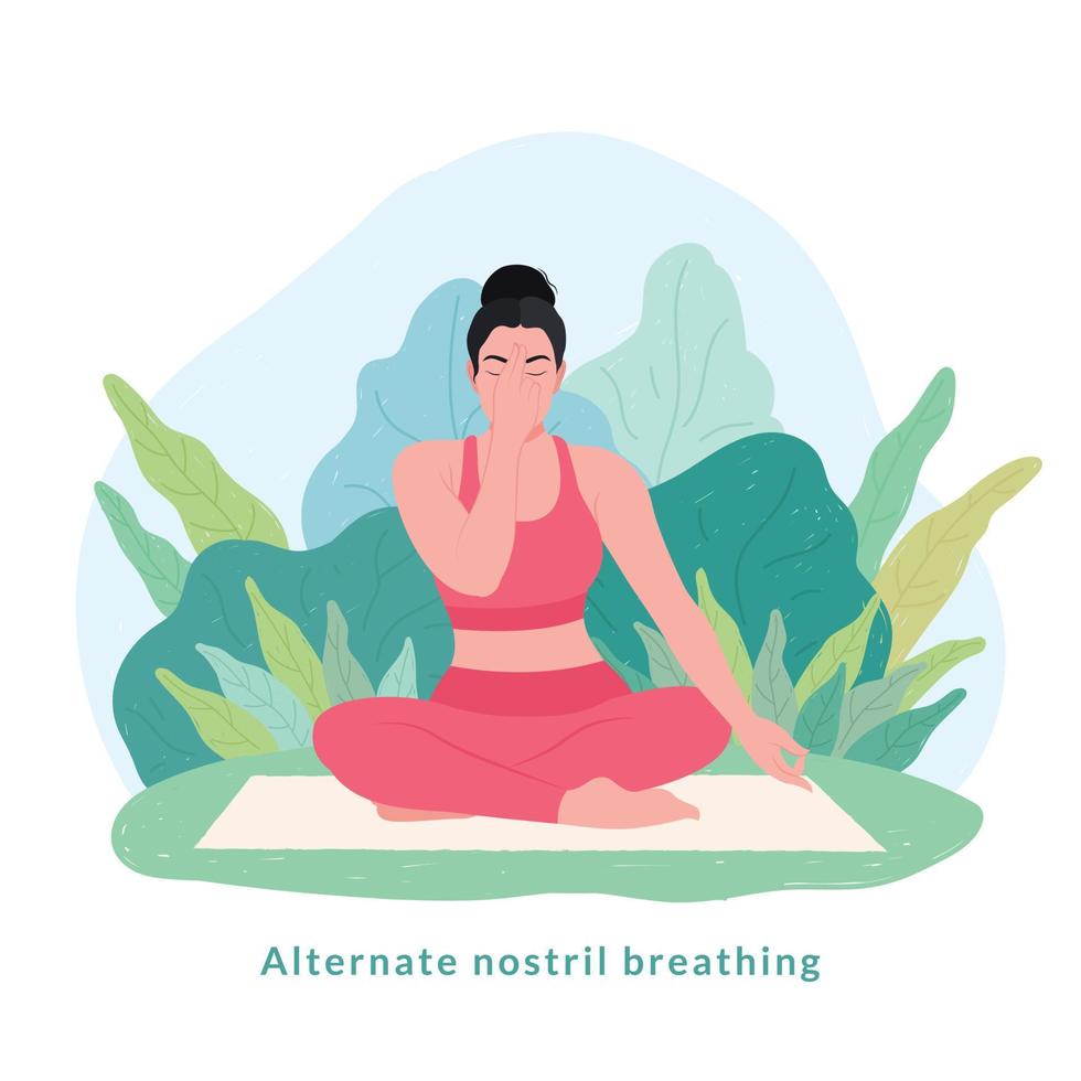 Alternate Nostril Breathing Yoga pose. Young woman woman doing yoga for Yoga Day Celebration. vector