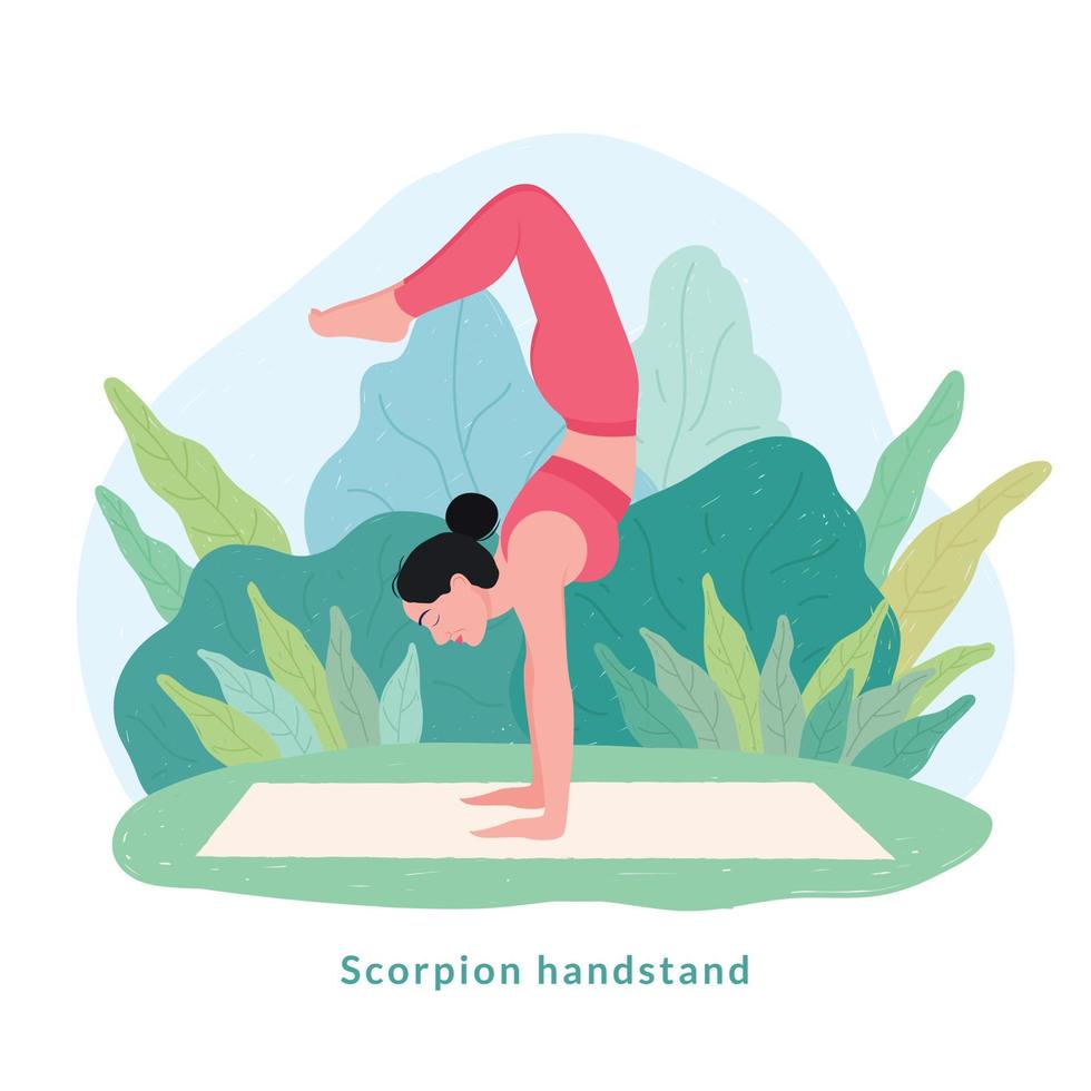 postura de yoga de parada de manos de escorpión. mujer joven mujer haciendo yoga para la celebración del día del yoga. vector