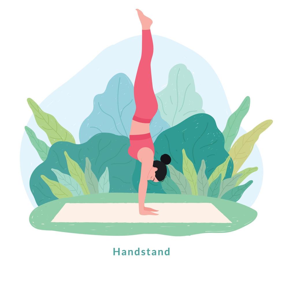 pose de yoga de pie de mano. mujer joven mujer haciendo yoga para la celebración del día del yoga. vector