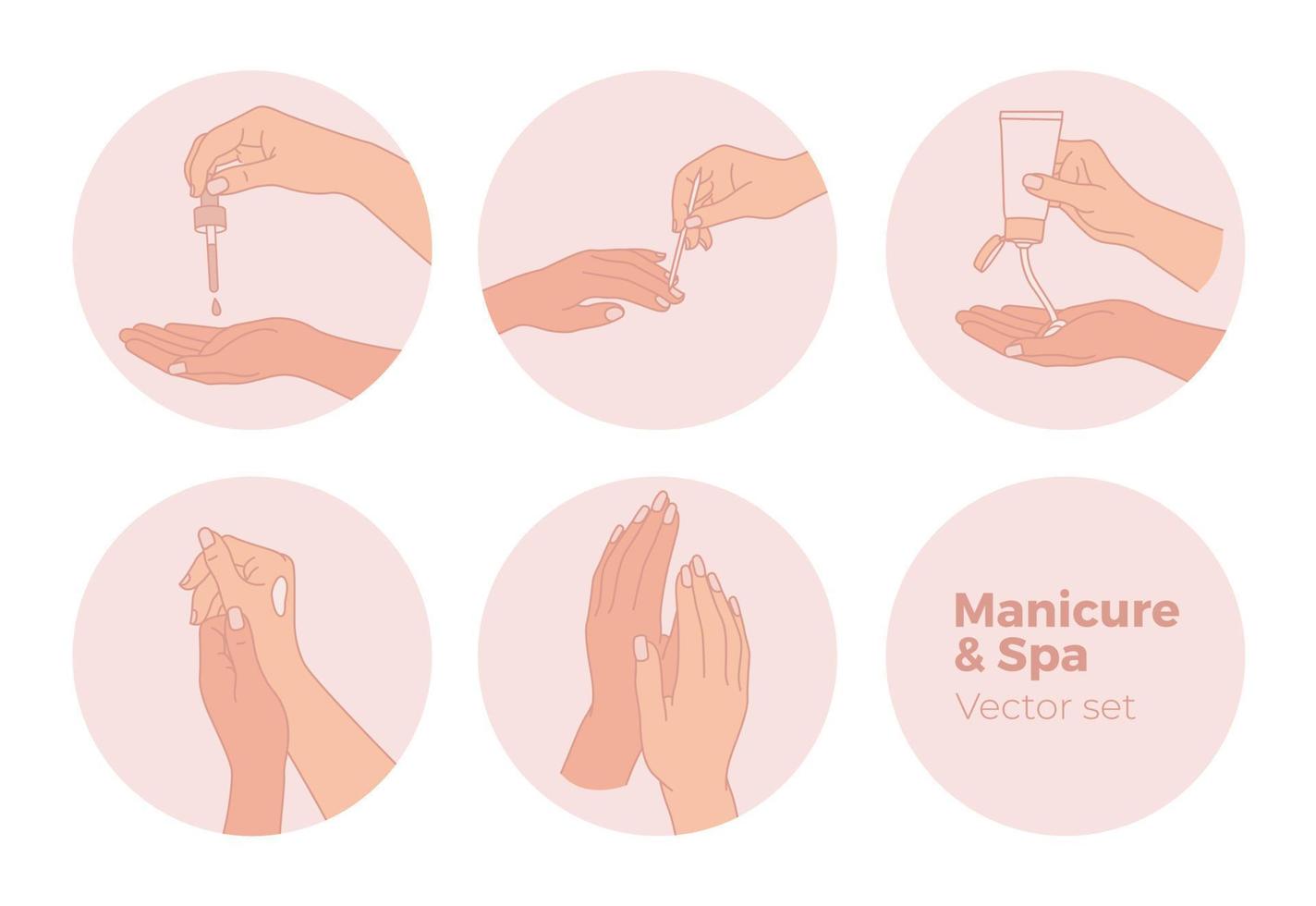 conjunto de elementos de diseño de manicura. iconos de spa, salón, belleza y moda de manos femeninas. vector