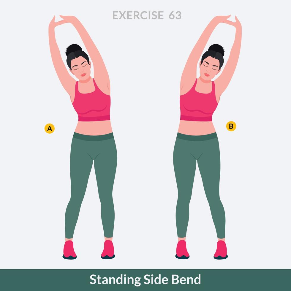 ejercicio de flexión lateral de pie, fitness de entrenamiento de mujer, aeróbic y ejercicios. vector