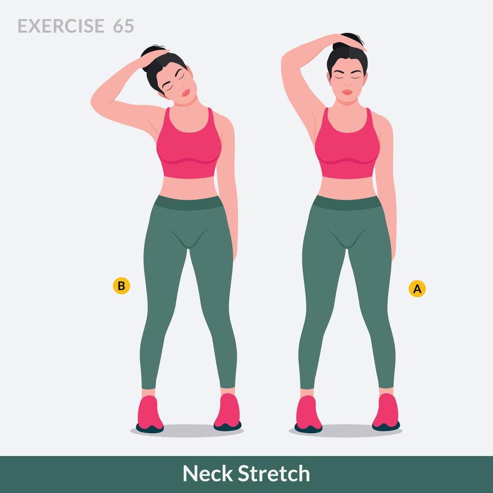 ejercicio de estiramiento de cuello, fitness de entrenamiento de mujer, aeróbico y ejercicios. vector