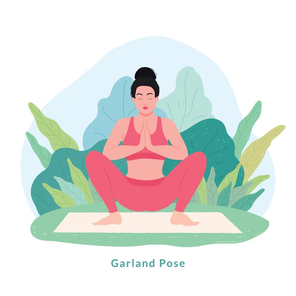 Garland Yoga pose. Young woman woman doing yoga for Yoga Day Celebration. vector