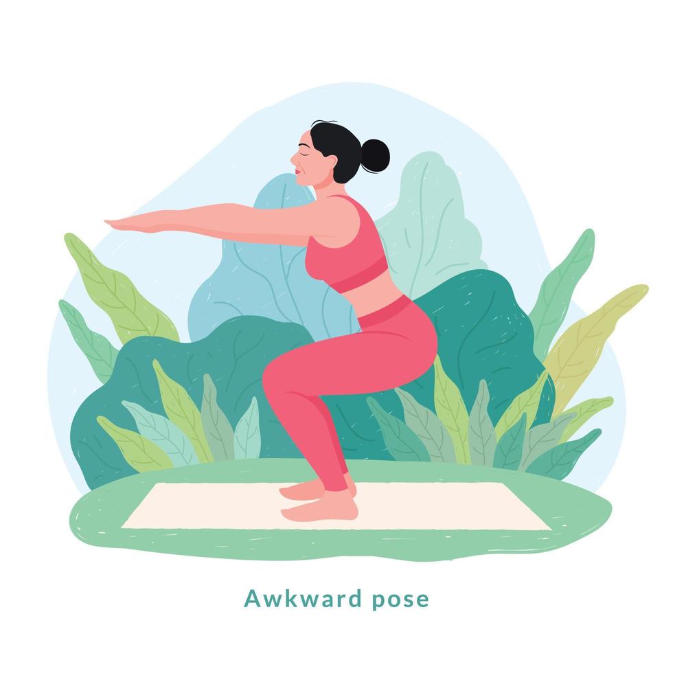 postura de yoga incómoda. mujer joven mujer haciendo yoga para la celebración del día del yoga. vector