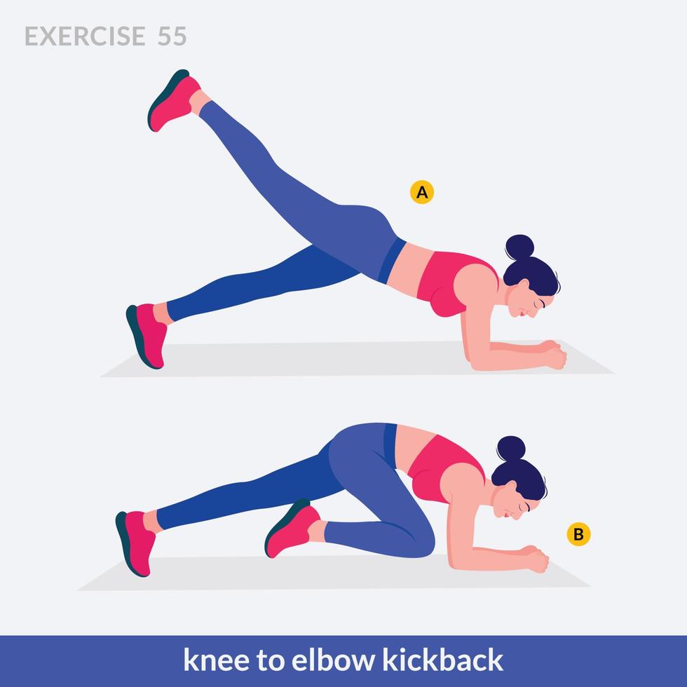 Knee to elbow kick back exercise, Woman workout fitness, aerobic and exercises. vector