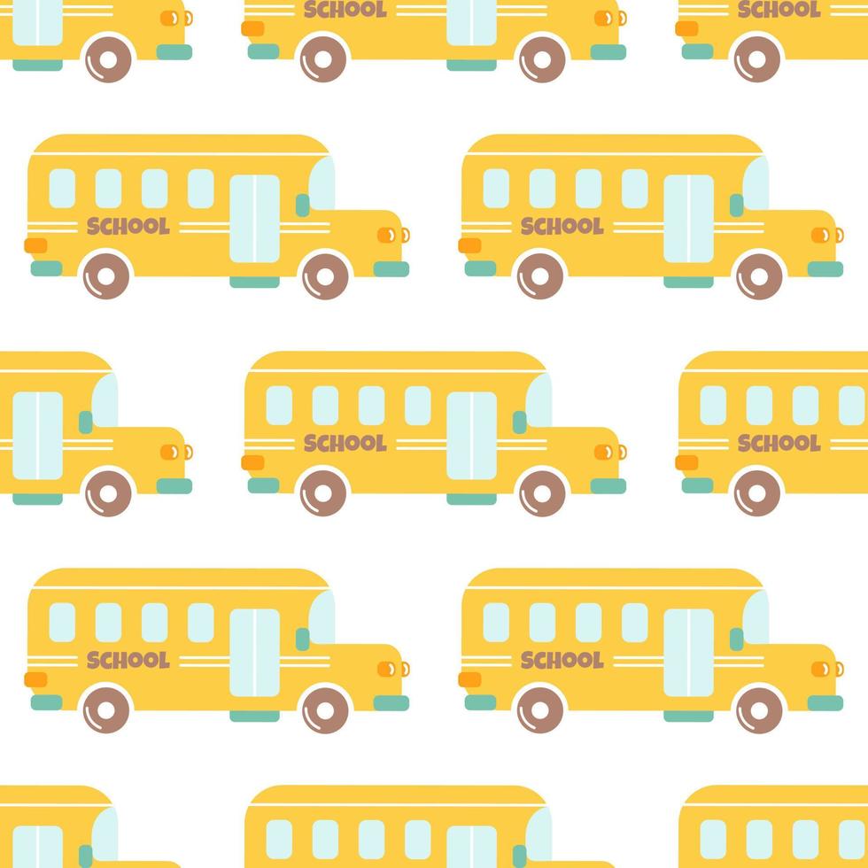 autobús escolar amarillo, patrón transparente de vector sobre fondo blanco. De vuelta a la escuela