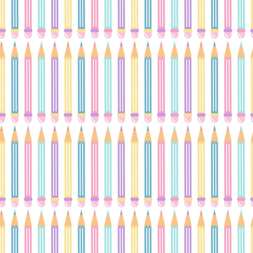 Multicolored pencils with an eraser on white background, vector seamless pattern