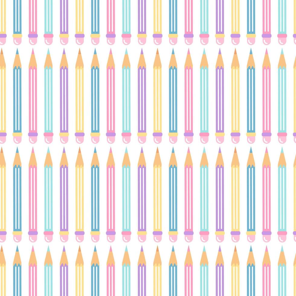 Multicolored pencils with an eraser on white background, vector seamless pattern