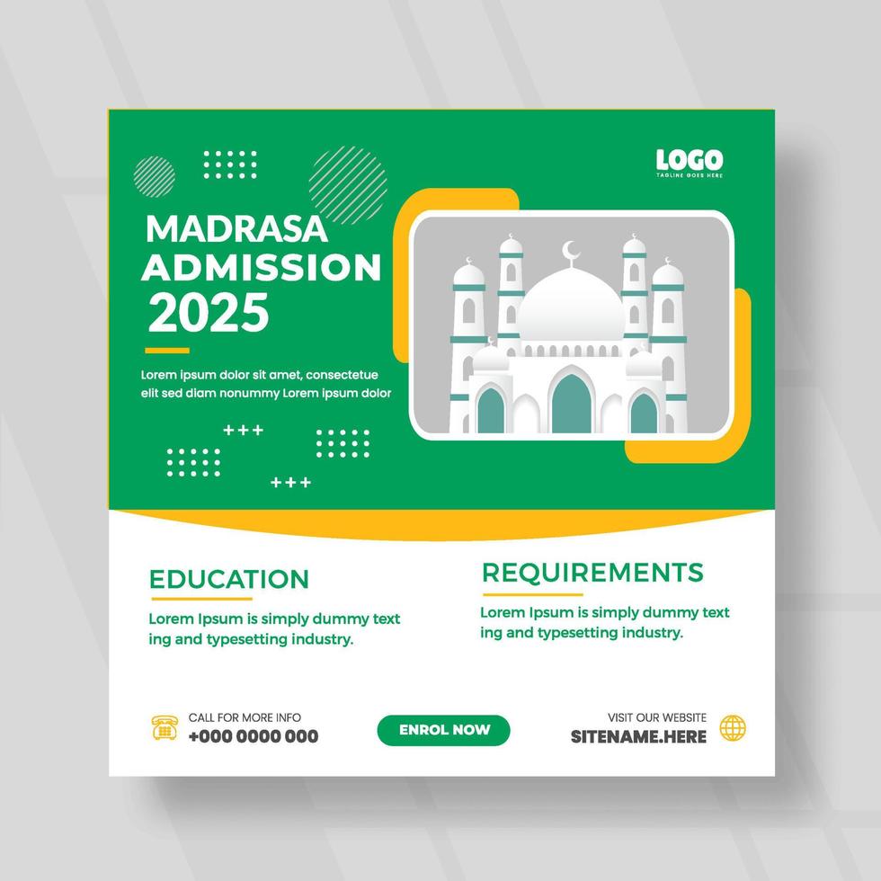 diseño de plantilla de publicación de redes sociales de admisión de madrasa vector