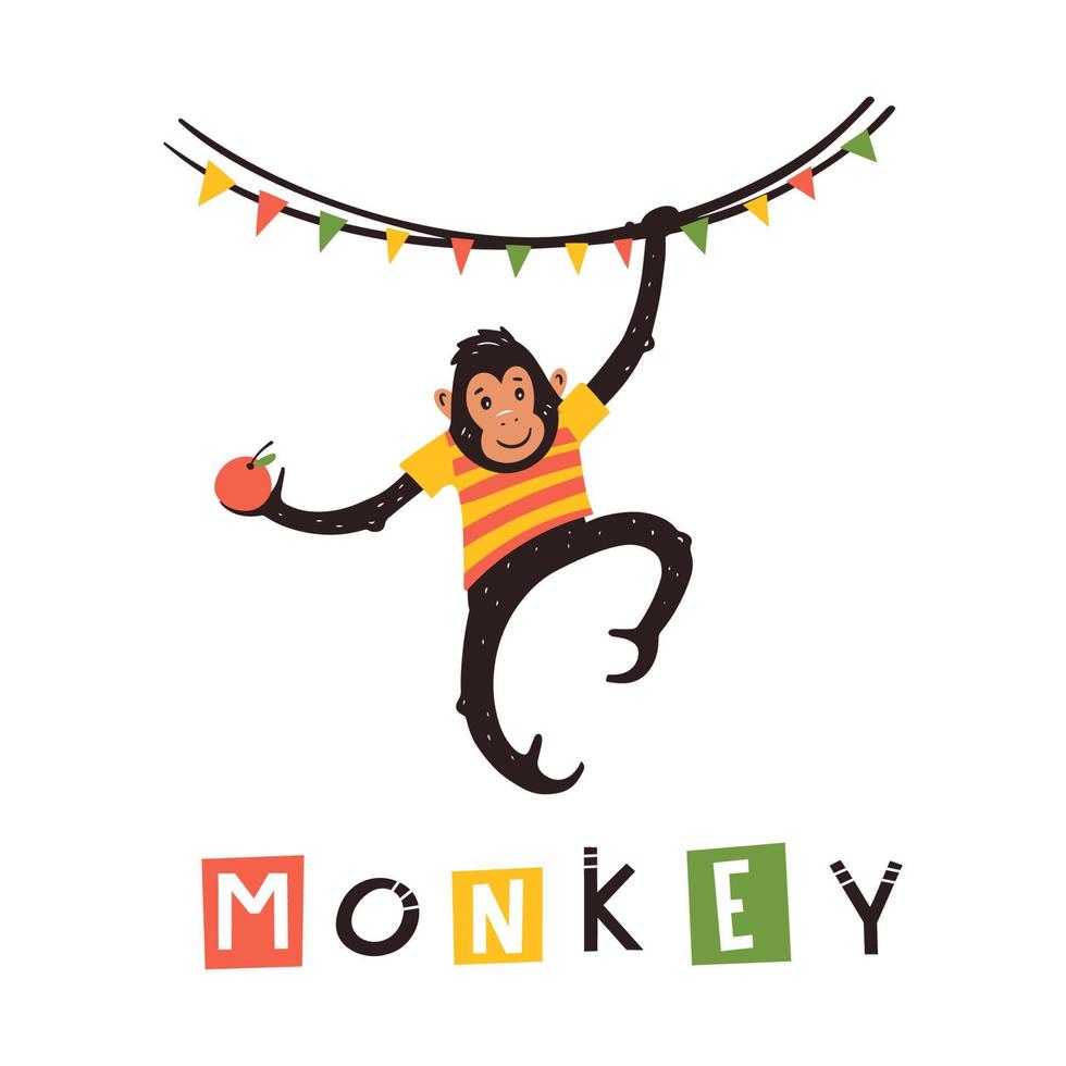 Cartoon monkey hanging on a colorful garland in Scandinavian style vector