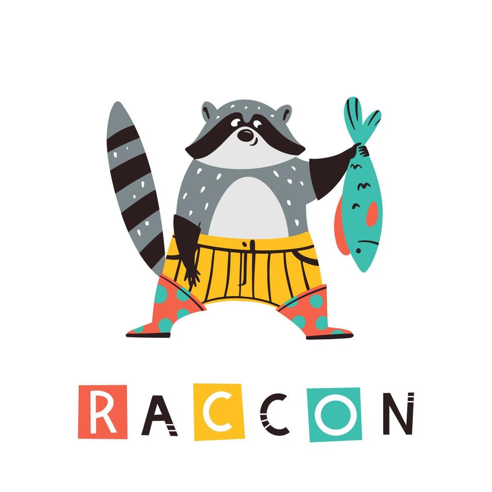 Cute cartoon raccoon with fish in Scandinavian style vector