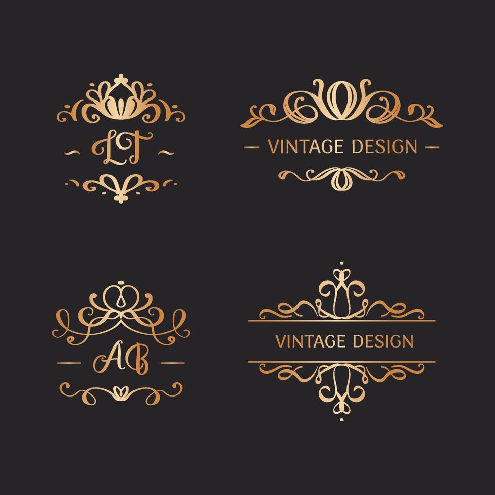 Set of wedding logos in vintage style. Luxury Frames with Gold Ornament vector