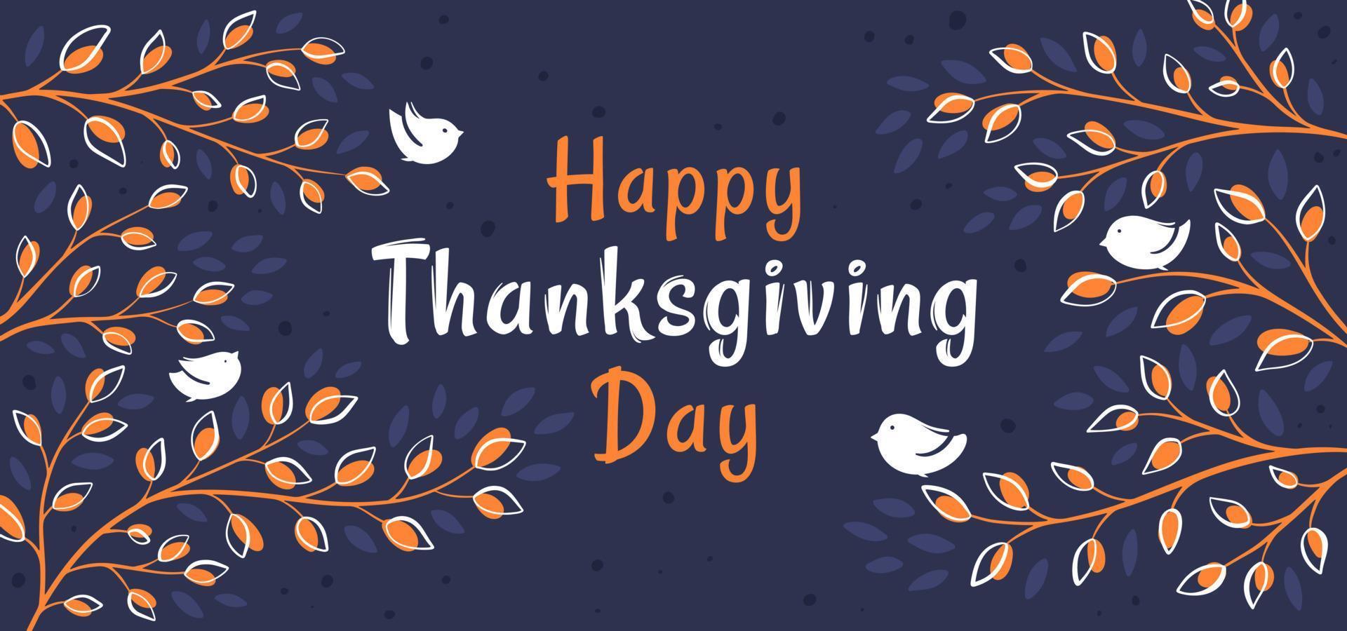 Background with birds on branches and hand drawn lettering Happy Thanksgiving vector