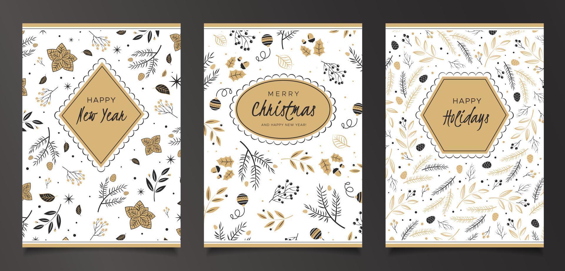 Set of Christmas cards with berries, pine branches and fir cones vector