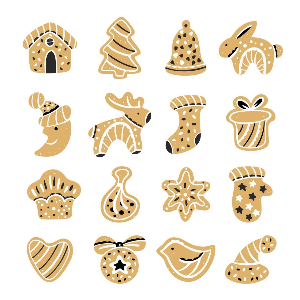 Set of Christmas gingerbread. Sweet cookies in the shape of a star, snowflake, horse, house, mittens, bell and heart vector