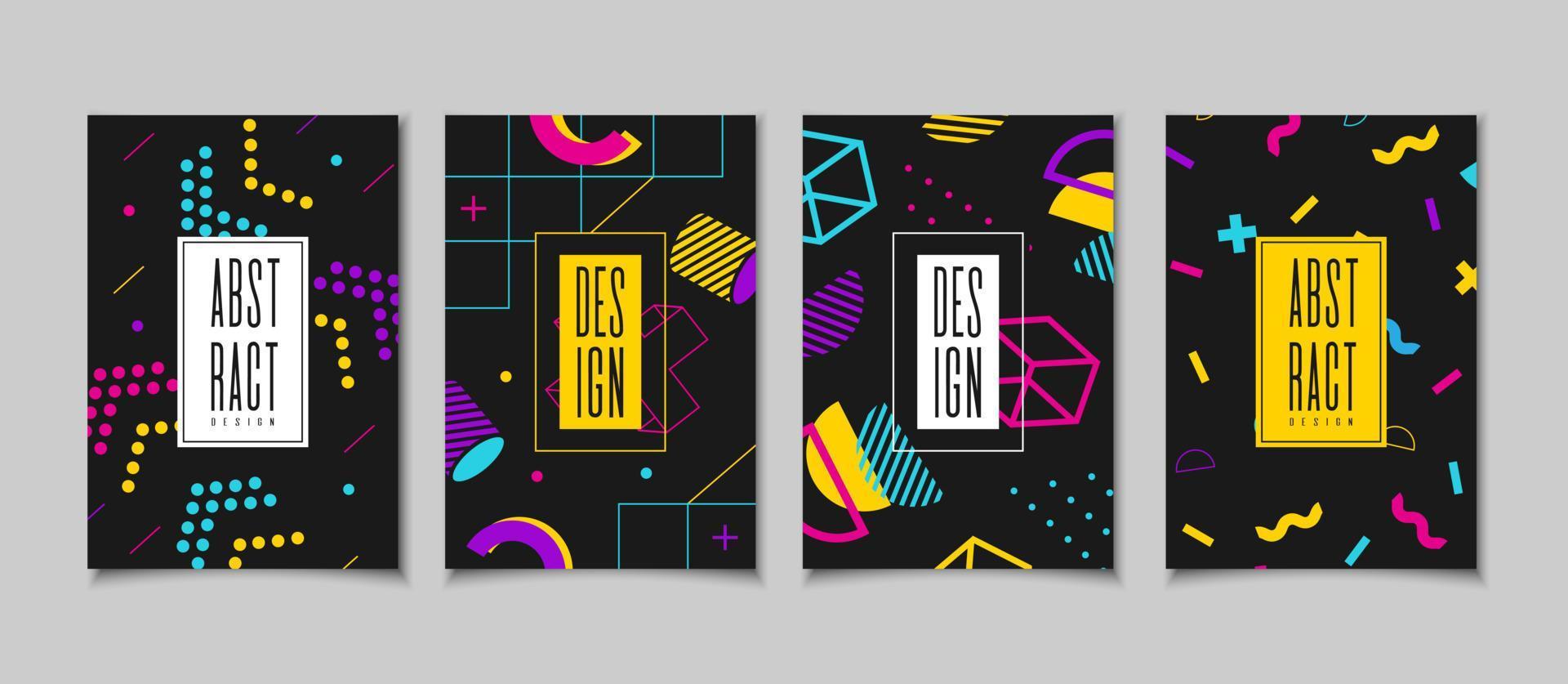 Set cards in the style of the 80s with multicolored geometric shapes on the black background vector