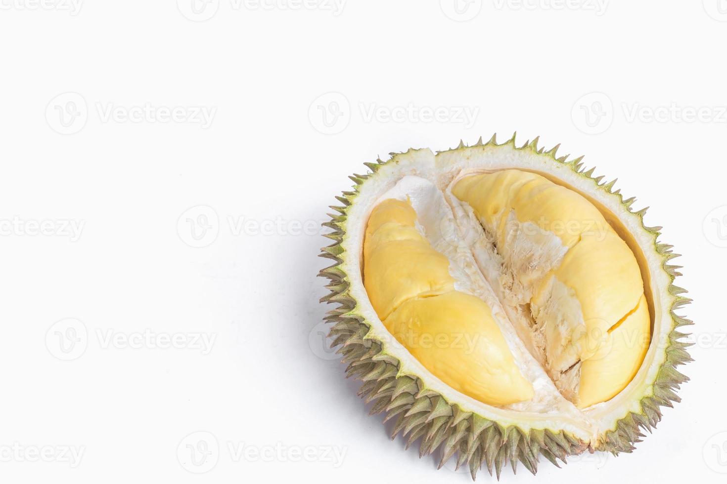 durians with white background. Durian as a king of fruit. It has a pleasantly sweet fragrance, thorn covered rind and its flash pale yellow. photo