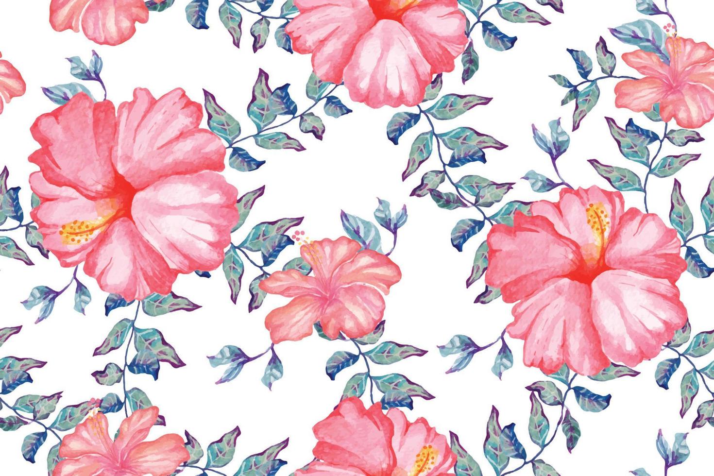 Pattern of hibiscus and blooming flowers with watercolor for fabric and wallpaper. Botanical background vector