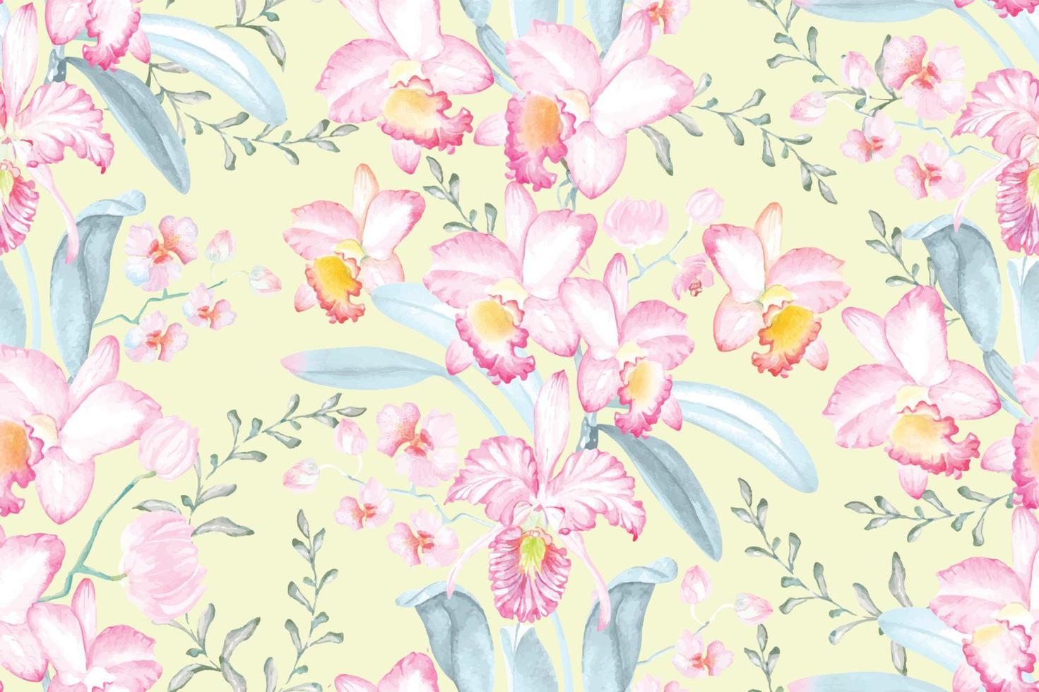 Seamless pattern of orchids drawn with watercolor.Designed with floral patterns elegant. Flower  background.Tropical vegetation for natural style wallpapers. vector